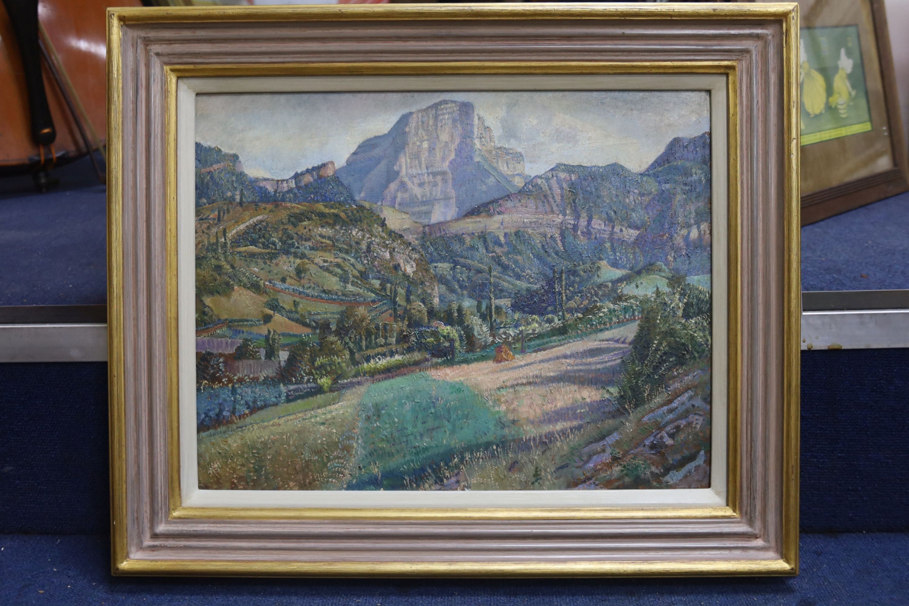 Continental School, oil on wooden panel, 'View of Southern France, mountainous scene', 32 x 41cm